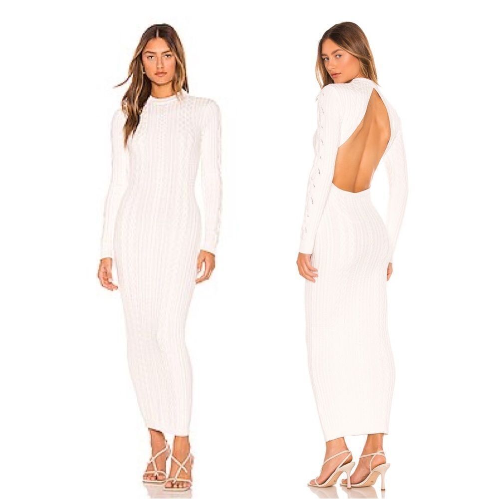 Ronny Kobo Eire Knit Dress in Marshmallow Open Back Cable Sweater Bodycon Column